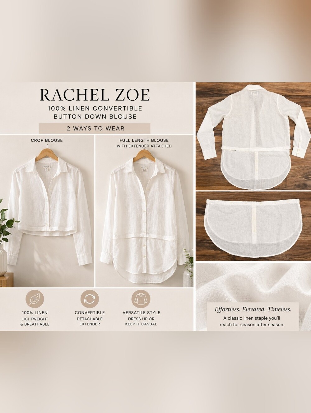 Rachel Zoe 100% Linen Convertible Button Down Blouse White Size Medium